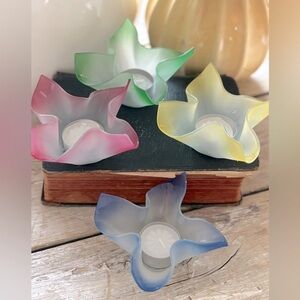 Lillian Vernon Votive Holders. Rainbow Ruffled-Edge Glass (W/Box) New 4.5”